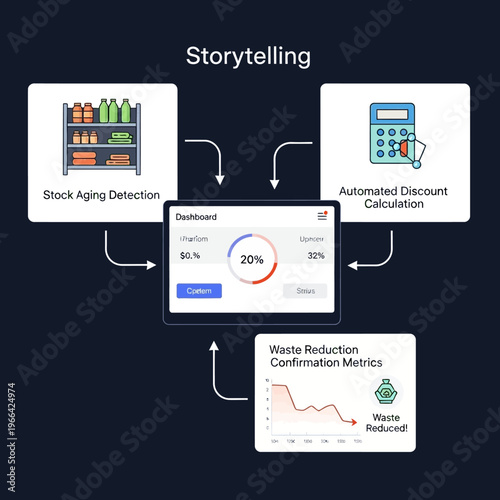 Visualizing Stock Aging Detection, Automated Discount Calculation, and Waste Reduction Metrics for Business Storytelling.