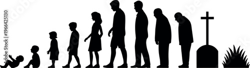 Human life cycle silhouette from baby to elderly with grave, aging process concept, stages of life and mortality timeline isolated