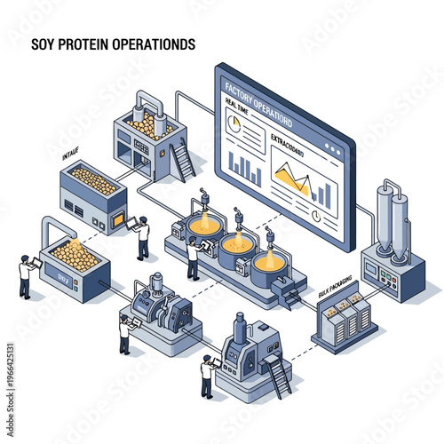 Isometric illustration of a soy protein processing plant, showcasing the entire production line from raw material input to final product output and factory monitoring.