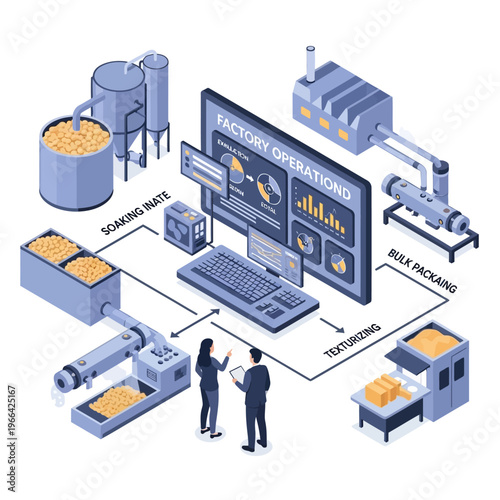 Visual representation of a modern food processing factory's automated operations, from raw material intake to bulk packaging, managed by advanced technology.