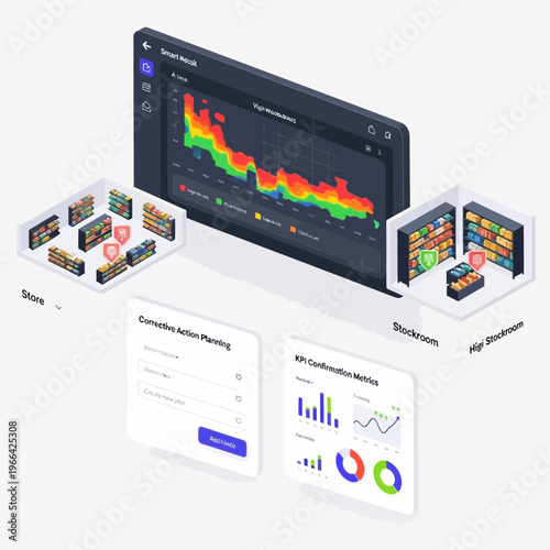Visual representation of a retail inventory management system, showcasing store and stockroom layouts, data analytics, and planning tools.