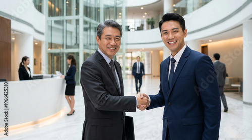 Asian Businessmen Shaking Hands in Modern Office Lobby, Partnership and Deal Concept