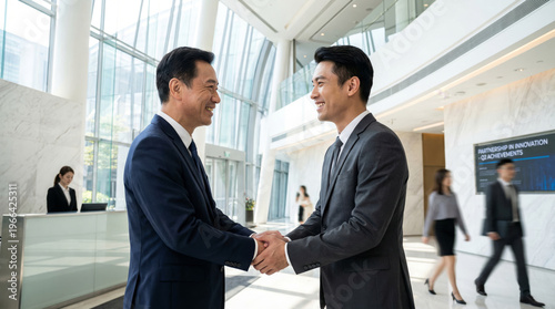 Asian Businessmen Shaking Hands in Modern Office Lobby, Partnership and Deal Concept