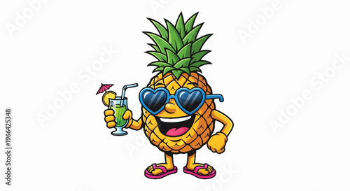 Fun, cartoon pineapple character, tropical fruit illustration, summer vacation icon, colorful mascot