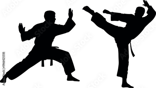 Martial arts fighters silhouette showing karate combat poses, high kick and defense stance, self defense training concept isolated on white background