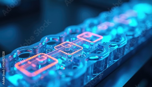 Advanced Microfluidic Chip With Orange Neon Circuits Illuminated With Blue Light Showing Complex Laboratory Technology