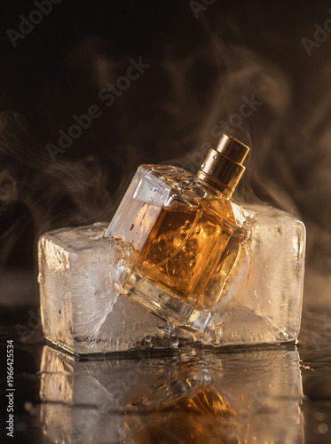 Luxury perfume bottle emerging from melting ice with crystal clear water droplets, frozen scent concept, professional product photography