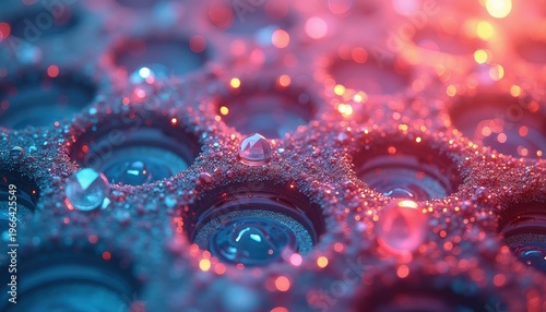 Macro shot of illuminated hexagonal textured surface with sparkling glitter and water droplets under red and blue neon