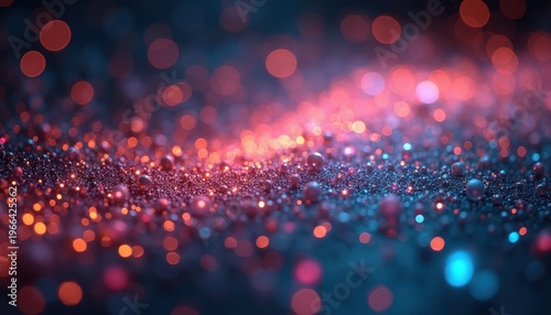 Abstract macro photography of shimmering dust particles in warm red and cool blue light creating a cosmic galaxy effect