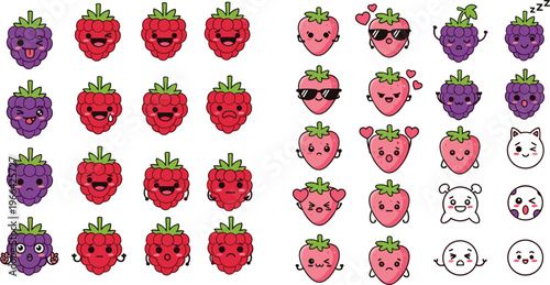 Cute Strawberry Raspberry and Grape Cartoon Characters Collection with Funny Emotions, Kawaii Fruit Mascots Set for Food and Kids Design Vector Illustration
