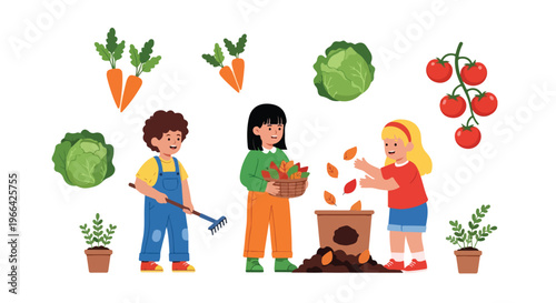 A group of diverse children is gardening, harvesting vegetables like carrots and tomatoes, and raking leaves into a compost container.