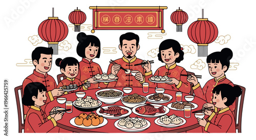 Illustration of a family in traditional Chinese attire enjoying a festive meal together around a table with various dishes and decorations.