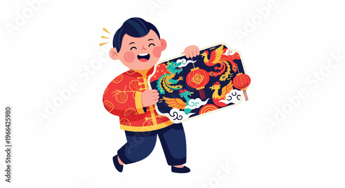 A cheerful Asian boy in traditional clothing running while holding a colorful poster on a plain white background with a joyful mood.