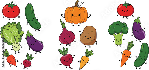 Cute Vegetable Cartoon Characters Collection with Tomato, Carrot, Broccoli, Pumpkin and More, Kawaii Healthy Food Mascots Vector Illustration Set