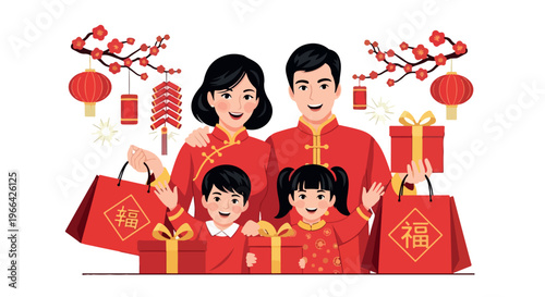 Illustration of a Chinese family in traditional red clothing with shopping bags and gifts on white background.