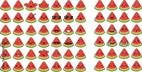 Cute Watermelon Cartoon Characters Collection with Funny Emotions and Expressions, Kawaii Fruit Mascots Set for Summer Food Vector Illustration