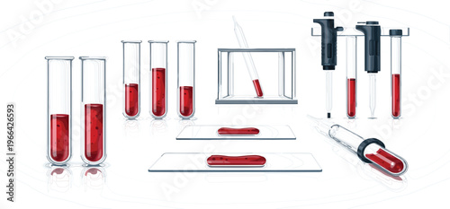 Blood Samples in Test Tubes with Laboratory Equipment and Pipettes, Realistic Illustration for Medical Research, Diagnostics and Healthcare