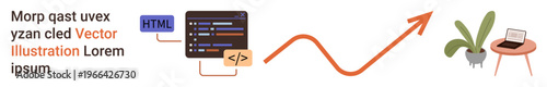 Web design, programming, coding, workflow, productivity, technology. Code snippet with tags, upward arrow laptop on desk with plant. Web design and programming process concept