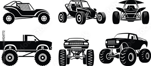 Collection of off road vehicles silhouettes including buggy monster truck pickup lifted trucks extreme motorsport vector illustration isolated set design