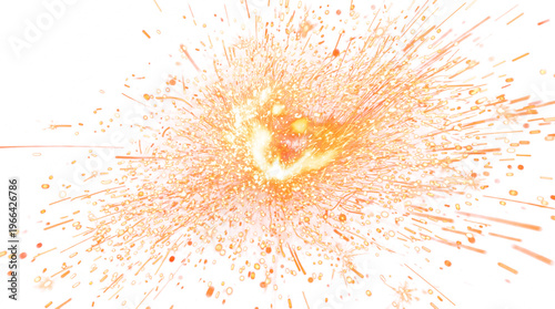Orange paint splash explosion centered with abstract circular burst.