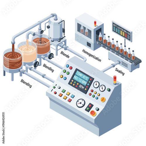 Industrial process illustration showing blending, homogenization, and sealing stages of beverage production on a control panel.