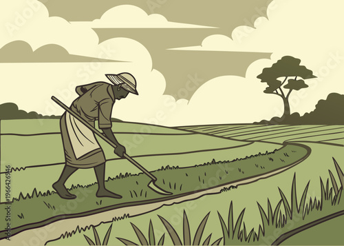A farmer works the land with a hoe in a stylized landscape