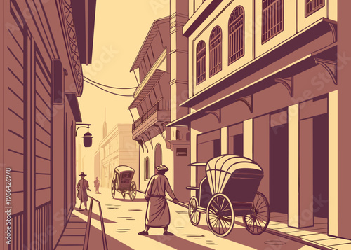 A vintage illustration depicts a bustling street scene in old india