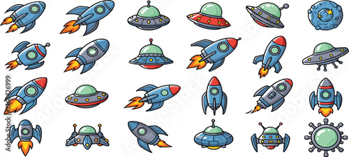 Cartoon Spaceships and UFO Collection with Rockets and Aliens, Colorful Illustration Set for Sci-Fi, Game Design, and Kids Space Theme