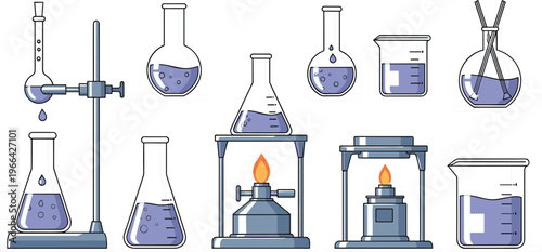Chemistry Laboratory Equipment Set with Flasks, Beakers and Bunsen Burner, Modern Illustration for Science Experiment and Education