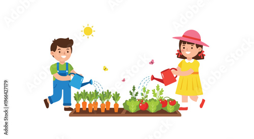 Two cheerful children are watering a vegetable garden together, with the sun shining brightly above and butterflies fluttering nearby.