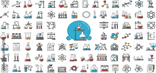 Chemistry Laboratory Icons Collection with Flasks, Test Tubes, Molecules and Scientific Equipment, Modern Illustration Set for Science and Education