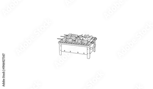 Brazier Grill with Meat and Sausages Line Art Front View Vector Illustration