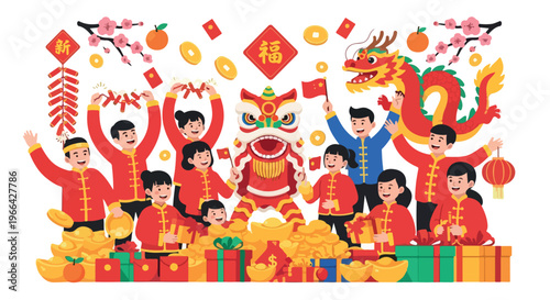 Illustration of a joyful Chinese New Year celebration with people and a dragon dance performance in red and gold decorations.