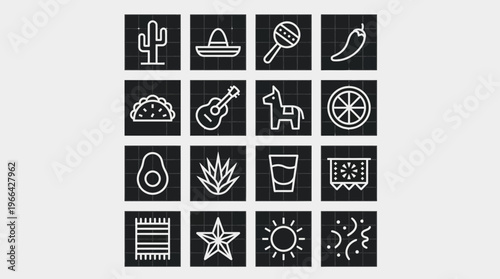 Collection of Cinco de Mayo Icons Including Cacti, Sombreros, Maracas, and Tacos for Festive Decorations