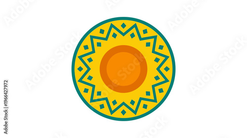 Vibrant circular folk art design celebrating Cinco de Mayo, featuring a sun-like motif with intricate patterns and bright festive colors for cultural festivities