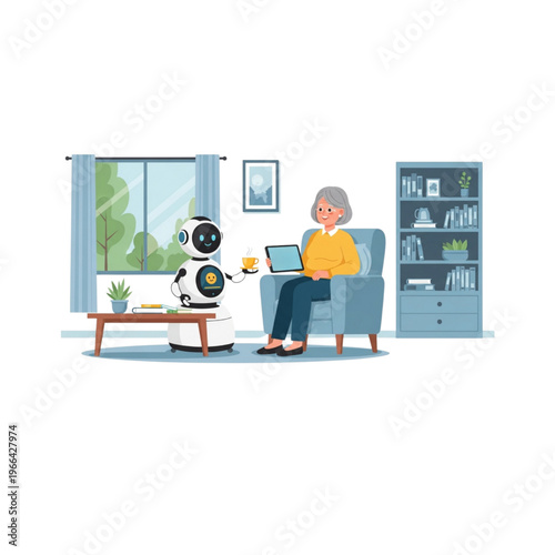 elderly woman with assistive robot using tablet at home smart care technology illustration