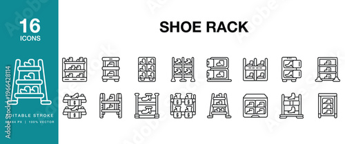 Shoe Rack icon set. Includes rack, storage, organizer, shelf, shelving, footwear and More. Editable Stroke Icon Collection.