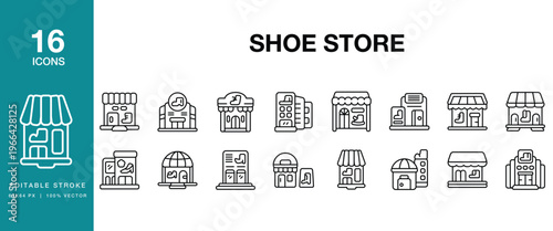 Shoe Store icon set. Includes shop, retail, store, footwear, shoes, sneakers and More. Editable Stroke Icon Collection.