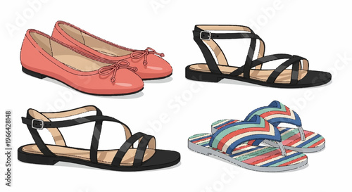 Women's sandals, flat shoes, strappy footwear, colorful summer footwear