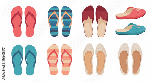 Colorful flip flops, sandals, and shoes vector set, summer footwear collection