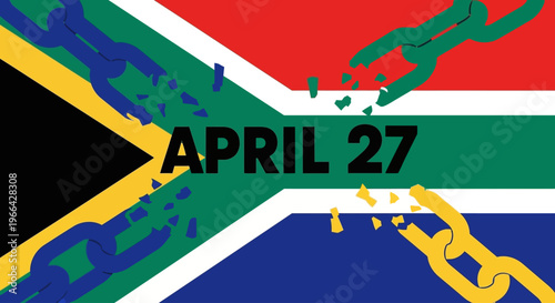 South African Flag with Broken Chains and April 27 Date, Symbolizing Freedom Day, isolated on transparent background