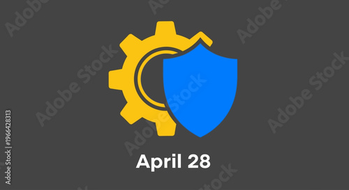Yellow gear icon partially covered by a blue shield symbol, representing security and technology, isolated on transparent background