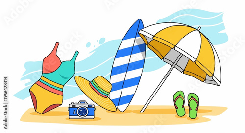 Beach vacation icons, summer accessories, colorful beachwear, vector illustrations