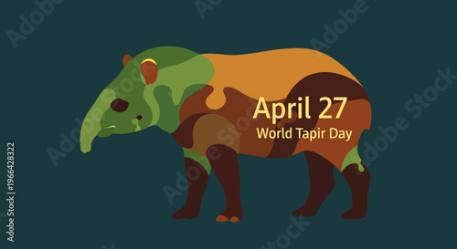 Stylized Tapir Illustration with World Tapir Day Text, Isolated on Transparent Background