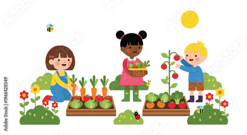 Three diverse children enjoy harvesting fresh vegetables like carrots and tomatoes in a sunny, colorful garden filled with flowers and insects.