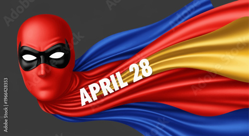 Superhero wearing red mask and colorful cape with April 28 text isolated on transparent background