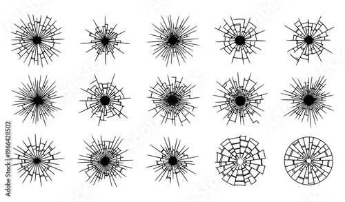 Modern shattered glass and crack texture collection with bullet hole and broken window vector