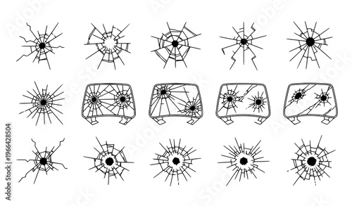 Cracked glass icons set with shattered window bullet hole and broken surface textures black and white vector