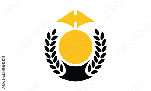 A bold vector illustration featuring a golden medal surrounded by a black laurel wreath, topped with a graduation cap, symbolizing academic achievement, success, and the honor of completing higher edu