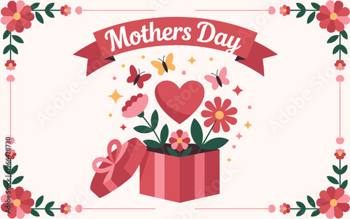 Mother's Day celebration with a gift box opening to reveal flowers and a heart, framed by floral borders and butterflies.